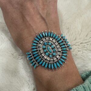 Turquoise and Sterling Silver Needlepoint Statement Bracelet